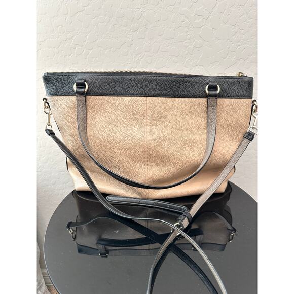 COACH | Pebbled Leather Colorblock Tote Bag F57496 Black Beige Cream - Picture 2 of 10